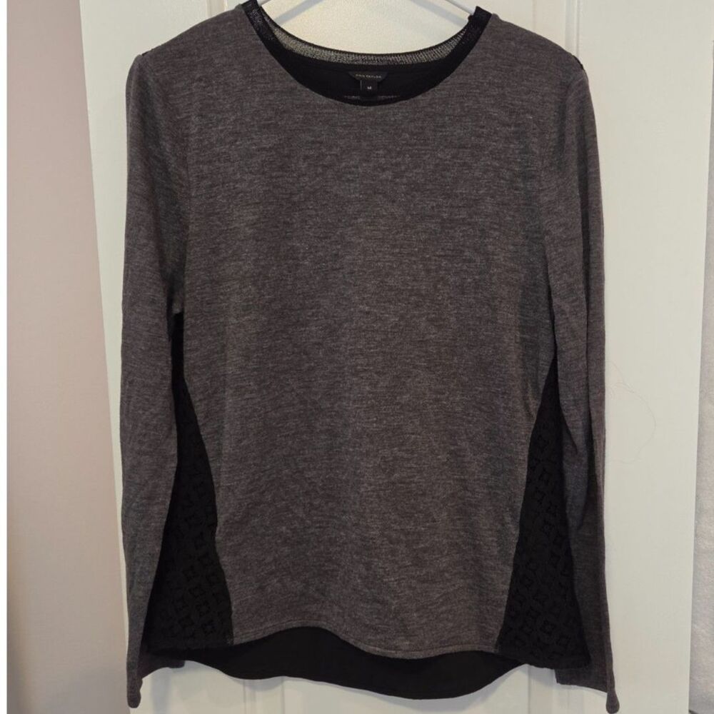 Ann Taylor Grey Long Sleeve Top with Black Lace Crochet look Back Size Medium
